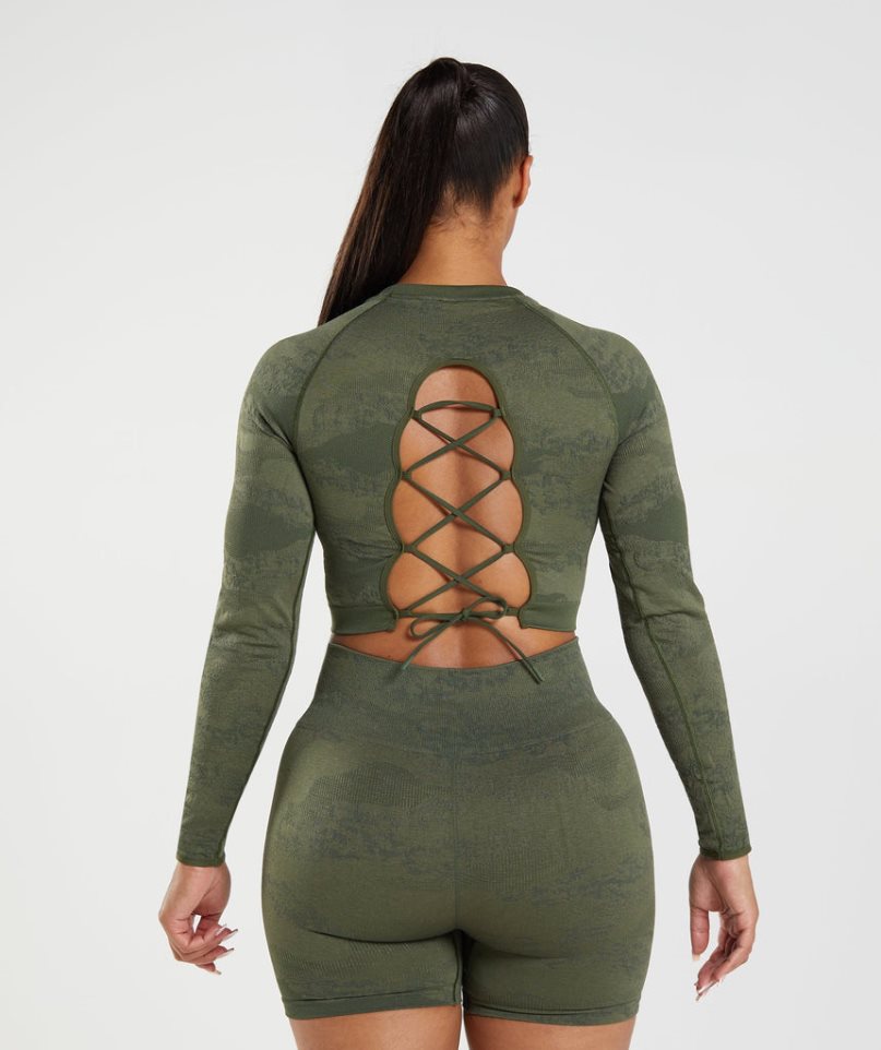 Women\'s Gymshark Adapt Camo Seamless Lace Up Back Top T-Shirts Olive | CA 8D7A35